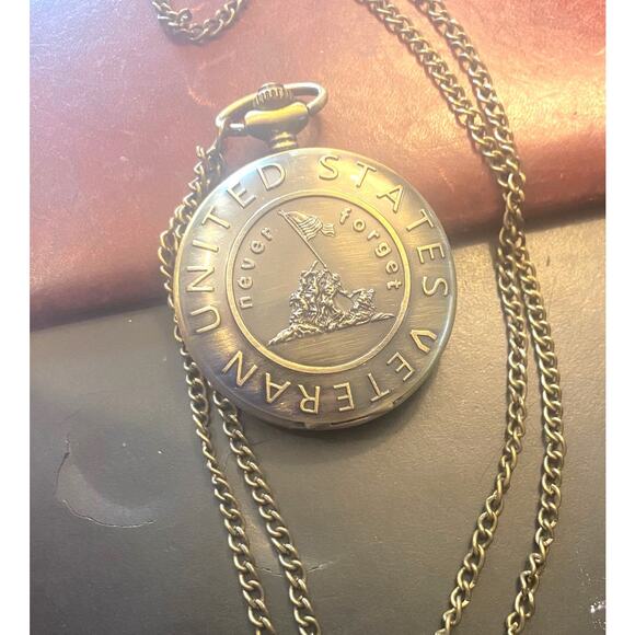 Men's 2" Bronze Tone Pocket Watch, US Veteran, "Never Forget" - Picture 2 of 4